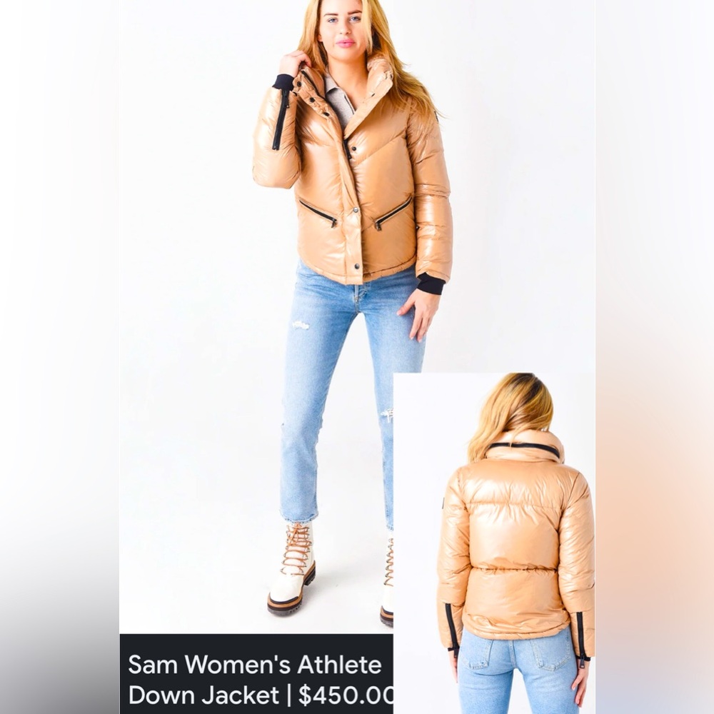 Women’s Tan/Camel color, athletic, down material, zip sleeves and super warm!